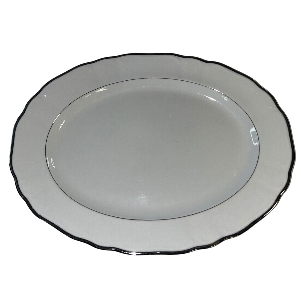 Silver Sonata Fine China Oval Serving Platter Scalloped Silver Trim Japan 3633